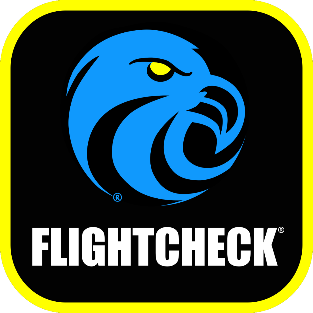 Image numérique de FlightCheck Le logo représente une icône d'application avec une tête d'oiseau bleue stylisée tournée vers la gauche, dotée d'un œil jaune proéminent, sur un fond carré noir. En dessous, le mot « FLIGHTCHECK » apparaît en blanc, en gras et en police sans empattement. L'icône est entièrement encadrée par un carré aux coins arrondis, bordé d'un épais liseré jaune et d'un fin contour gris. Le logo de la tête d'oiseau comporte un petit symbole de marque déposée (®) en bas.