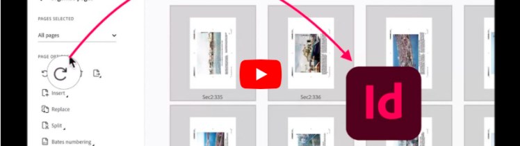 Thumbnail of a YouTube video titled 'How to Rotate PDF Pages and Convert to InDesign!' The image shows a PDF editing interface with an 'Organize pages' panel on the left and multiple previewed pages on the right. A red curved arrow points from a rotate icon to the Adobe InDesign logo, indicating the conversion process. The Markzware logo is visible in the bottom left corner