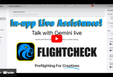 Miniature d'une vidéo YouTube intitulée « Google Gemini Live + » Markzware FlightCheck L'IA au service des graphistes&nbsp;! 🚀 L'image présente un écran promotionnel pour l'«&nbsp;Assistance en direct intégrée&nbsp;!&nbsp;» avec un texte bleu et jaune en gras. En dessous, FlightCheck Le logo, représentant une tête d'aigle bleue stylisée, est affiché avec le slogan «&nbsp;Pré-contrôle pour les créatifs&nbsp;». L'arrière-plan montre une interface utilisateur avec des options pour la sélection du modèle d'IA, les outils et les paramètres.
