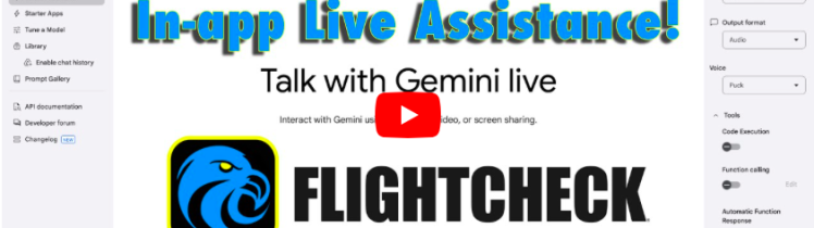 Thumbnail of a YouTube video titled 'Google Gemini Live + Markzware FlightCheck AI for Graphic Designers! 🚀' The image features a promotional screen for 'In-app Live Assistance!' with bold blue and yellow text. Below, the FlightCheck logo, depicting a stylized blue eagle head, is displayed along with the tagline 'Preflighting For Creatives.' The background shows a user interface with options for AI model selection, tools, and settings.