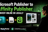 Microsoft Workflow zur Konvertierung von Publisher zu Affinity Publisher, der PUB zu IDML zu Affinity zeigt, mit Online-Funktion MarkzPortal und lokal OmniMarkz Umrechnungsoptionen.