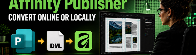 Microsoft Publisher to Affinity Publisher conversion workflow showing PUB to IDML to Affinity, with online MarkzPortal and local OmniMarkz conversion options.