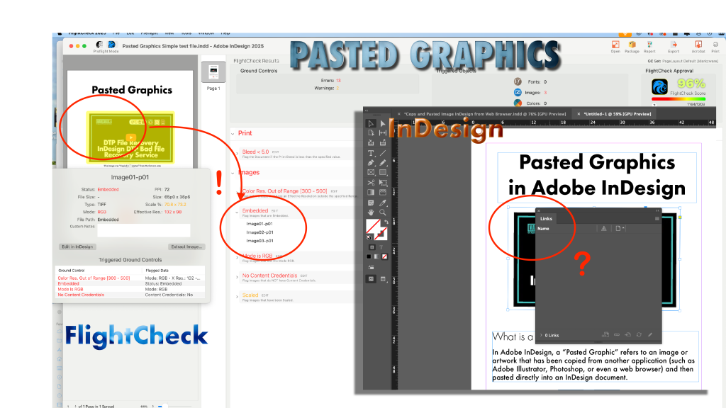 Ein direkter Vergleich von Adobe InDesign und Markzware FlightCheck Schnittstellen, die das Problem eingefügter Grafiken verdeutlichen. FlightCheck Das Bedienfeld zeigt detaillierte Bilddaten mit eingebetteten Grafiken und markierten Fehlern an, während InDesign Das Fenster zeigt ein leeres Link-Panel mit einem roten Fragezeichen, das auf fehlende Linkdaten hinweist. Rote Kreise und Anmerkungen markieren Stellen, an denen eingefügte Grafiken nicht erkannt werden. InDesign werden aber erkannt in FlightCheck.