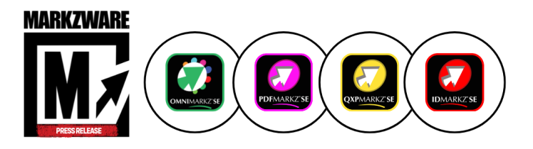 "Markzware logo on the left with a red 'Press Release' banner below. To the right, four circular icons representing Markzware's SE products: OmniMarkz SE with a multicolored circle and green arrow, PDFMarkz SE with a pink outline and a white arrow on a purple background, QXPMarkz SE with a yellow outline and a white arrow on a black background, and IDMarkz SE with a red outline and a white arrow on a red background. Each product is displayed within a white circular frame."