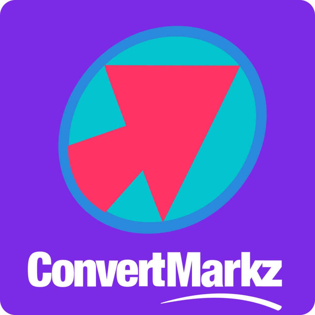 ConvertMarkz Vertical Logo. Purple square with a magenta arrow pointing up and to the right with the word "ConvertMarkz" in white at the bottom