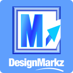 DesignMarkz logo. Blue square with a blue "M" and an arrow pointing up and to the right. The word "DesignMarkz" is written in white at the bottom.