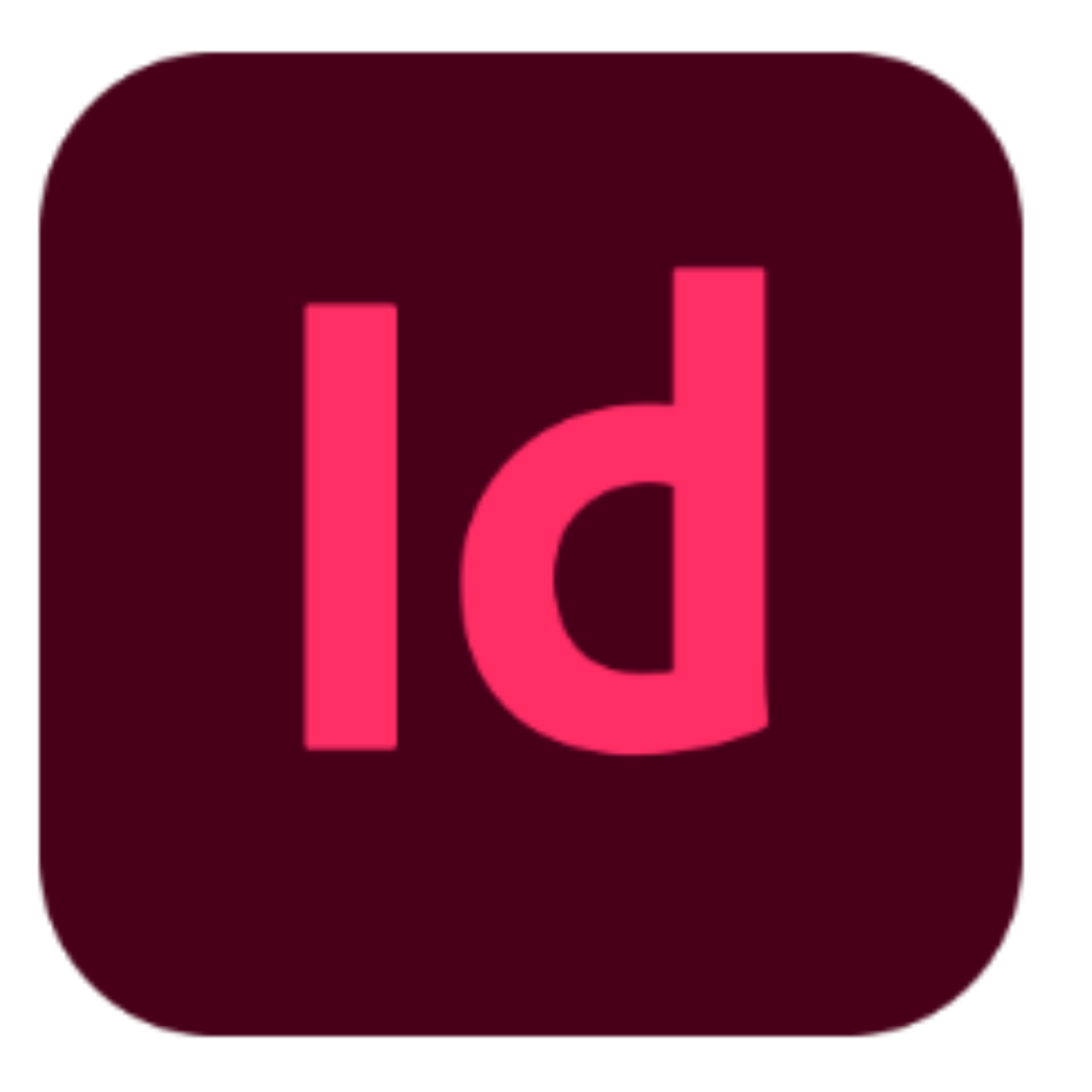 Adobe InDesign Logo. Kastanienbraunes Quadrat mit der roten Aufschrift „ID“ in der Mitte.