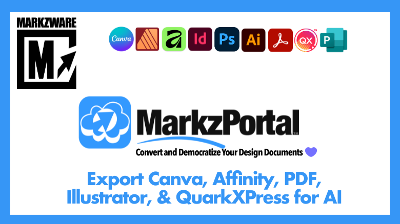 "MarkzPortal Werbegrafik mit dem Markzware Logo und Symbole für CanvaAffinity, Adobe InDesignPhotoshop, Illustrator, Acrobat, QuarkXPress und Microsoft Herausgeber. Der Text lautet: „MarkzPortal – Konvertieren und demokratisieren Sie Ihre Designdokumente. Exportieren CanvaAffinity, PDF, Illustrator und QuarkXPress „für KI.“