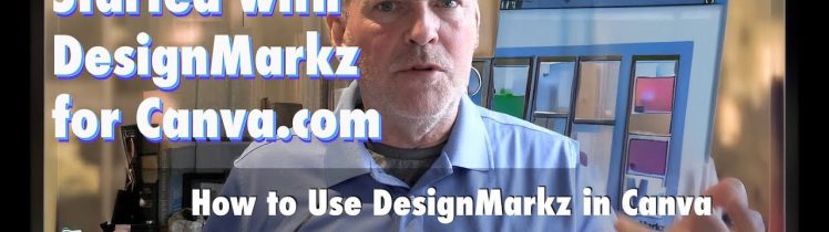 A man wearing a light blue collared shirt speaks to the camera in a tutorial-style video. Large on-screen text reads “Getting Started with DesignMarkz for Canva.com” and “How to Use DesignMarkz in Canva.” Icons for InDesign, Publisher, and Canva appear at the bottom, along with the DesignMarkz logo.
