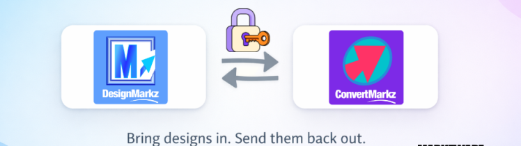 Purple and blue graphic that shows the DesignMarkz logo and ConvertMarkz Logo and says "Breaking the Canva Barrier, bring designs in. Send them back out. Markzware's Canva Apps DO IT ALL!" A black and white Markzware logo is at the bottom right