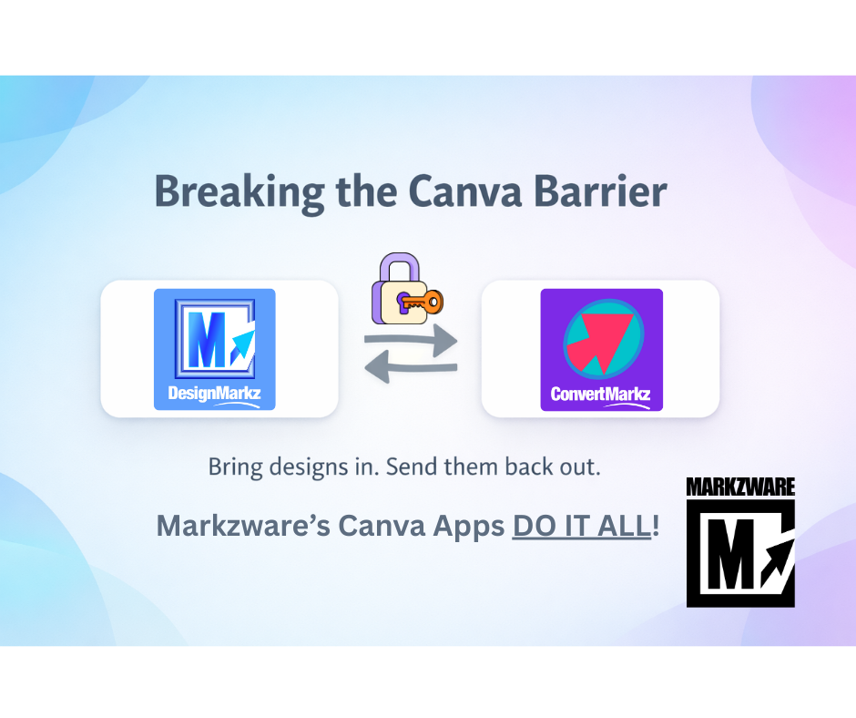 Graphique violet et bleu affichant les logos DesignMarkz et ConvertMarkz, avec la mention « Briser le Canva Barrière, apportez les plans. Renvoyez-les. Markzware's Canva « Les applications font tout ! » Un noir et blanc Markzware Le logo se trouve en bas à droite.