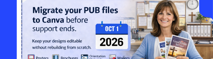 Promotional graphic from Markzware announcing that Microsoft Publisher ends October 1, 2026. The image encourages users to migrate PUB files to Canva before support ends to keep designs editable. A smiling woman in an office holds printed brochures, representing materials like posters, brochures, orientation materials, and mailers. Logos for Markzware and DesignMarkz appear alongside a call to action to convert a file at Markzware.com/products/designmarkz.