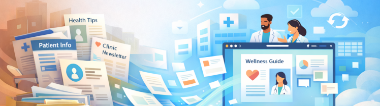 Healthcare content migration illustration showing legacy Microsoft Publisher files moving into a modern editable Canva workflow.