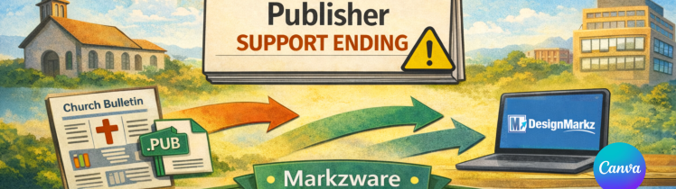Church bulletin migration from Microsoft Publisher to Canva with Markzware and DesignMarkz before support ends in October 2026