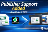 Microsoft Publisher file being converted with OmniMarkz SE 2026 into editable formats for Affinity Publisher and Adobe InDesign on Windows