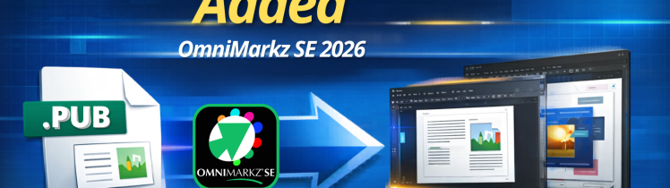 Microsoft Publisher file being converted with OmniMarkz SE 2026 into editable formats for Affinity Publisher and Adobe InDesign on Windows