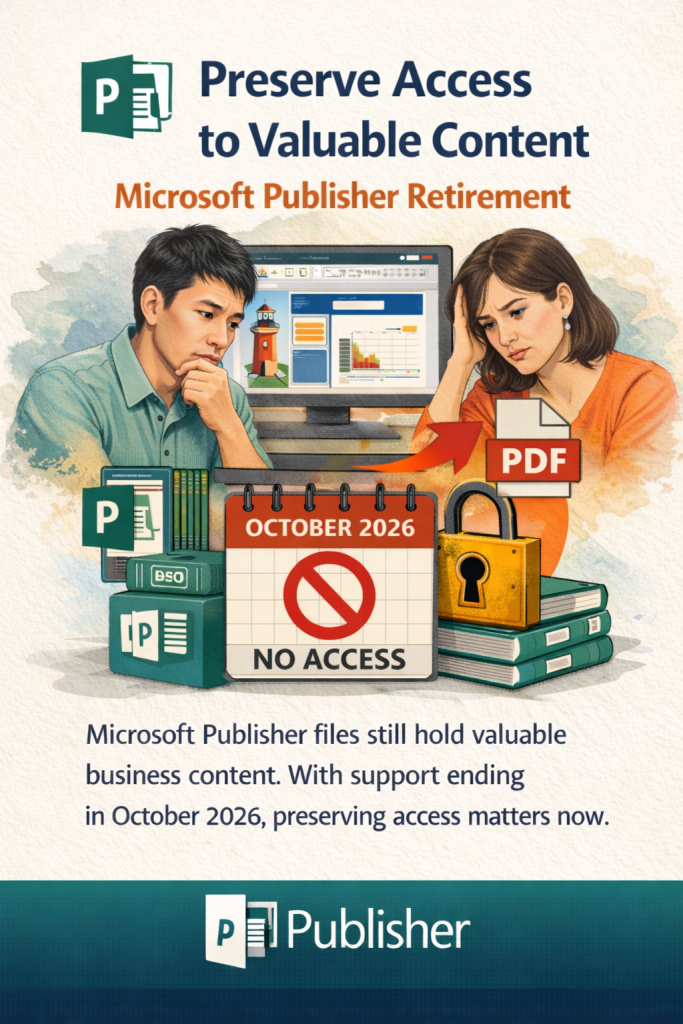 Illustration von zwei besorgten Fachleuten, die sich ansehen Microsoft Publisher-Dateien, ein Computerbildschirm und ein Kalender mit dem Vermerk „Kein Zugriff“ für Oktober 2026 und einem Schloss, der das Risiko symbolisiert, den Zugriff auf wertvolle Publisher-Inhalte nach dem Ende des Supports zu verlieren.
