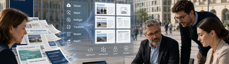 Editorial-style hero image of European public-sector professionals reviewing printed documents and digital screens in a civic plaza, with EU flags and government buildings in the background, while legacy Microsoft Publisher-style files are shown transforming into modern reusable digital content through a subtle MarkzPortal workflow interface.