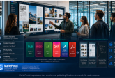 Fünf Fachleute stehen in einem modernen Büro mit Glaswänden und betrachten eine große digitale Präsentation. MarkzPortal Präsentationsbildschirm. Eine mehrschichtige Infografik zeigt, wo MarkzPortal Passt in den KI-App-Stack, mit Kategorien für allgemeine Assistenten, Inhaltserstellung, Produktivität und Kreativität auf der linken Seite; einer mittleren Zeile mit unterstützten Dateitypen, darunter PUB, INDD, AF, QXP, Designplattformen und PDF; und transformierten strukturierten Ausgaben auf der rechten Seite, einschließlich Seitenübersicht, Inhaltsblöcke, strukturierte Daten, KI-Bereitschaft, Migrationsbereitschaft, Workflow-Automatisierung und MCP-Bereitschaft.