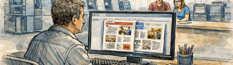 Illustration of a print shop operator working at a computer with Microsoft Publisher-style layouts, surrounded by printed materials from churches, higher education, real estate, and community organizations.
