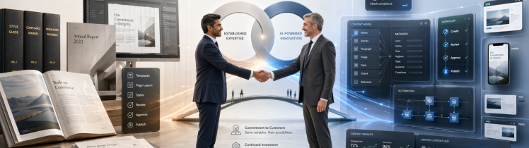 Wide editorial business illustration of Zax acquiring Quark. At the center, two executives—one Indian and one English—shake hands in front of overlapping circular forms and a bridge-like pathway, symbolizing agreement, continuity, and partnership. On the left, the Quark side is represented by books, printed reports, editorial spreads, layout software, and regulated-content documents, suggesting legacy publishing and content automation. On the right, the Zax side is represented by blue-toned dashboards, structured-content panels, metadata fields, workflow tools, AI assistant modules, and digital outputs for web, mobile, PDF, and portal publishing. The overall design communicates a calm transition from trusted legacy publishing workflows to AI-enhanced, future-ready content systems.