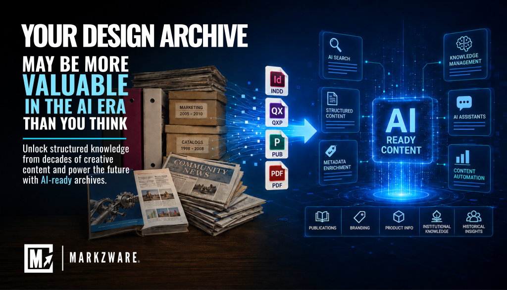 Hero image for an AI and design archive blog post showing stacks of legacy creative files, binders, magazines, newspapers, and publishing formats including InDesign, QuarkXPress, Publisher, and PDF transforming into glowing AI ready content through structured data workflows and digital knowledge management visuals.