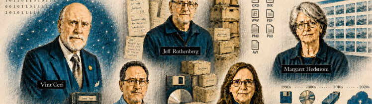 Digital preservation pioneers Vint Cerf, Jeff Rothenberg, Kenneth Thibodeau, Margaret Hedstrom, and Abby Smith Rumsey with archival media and legacy file formats