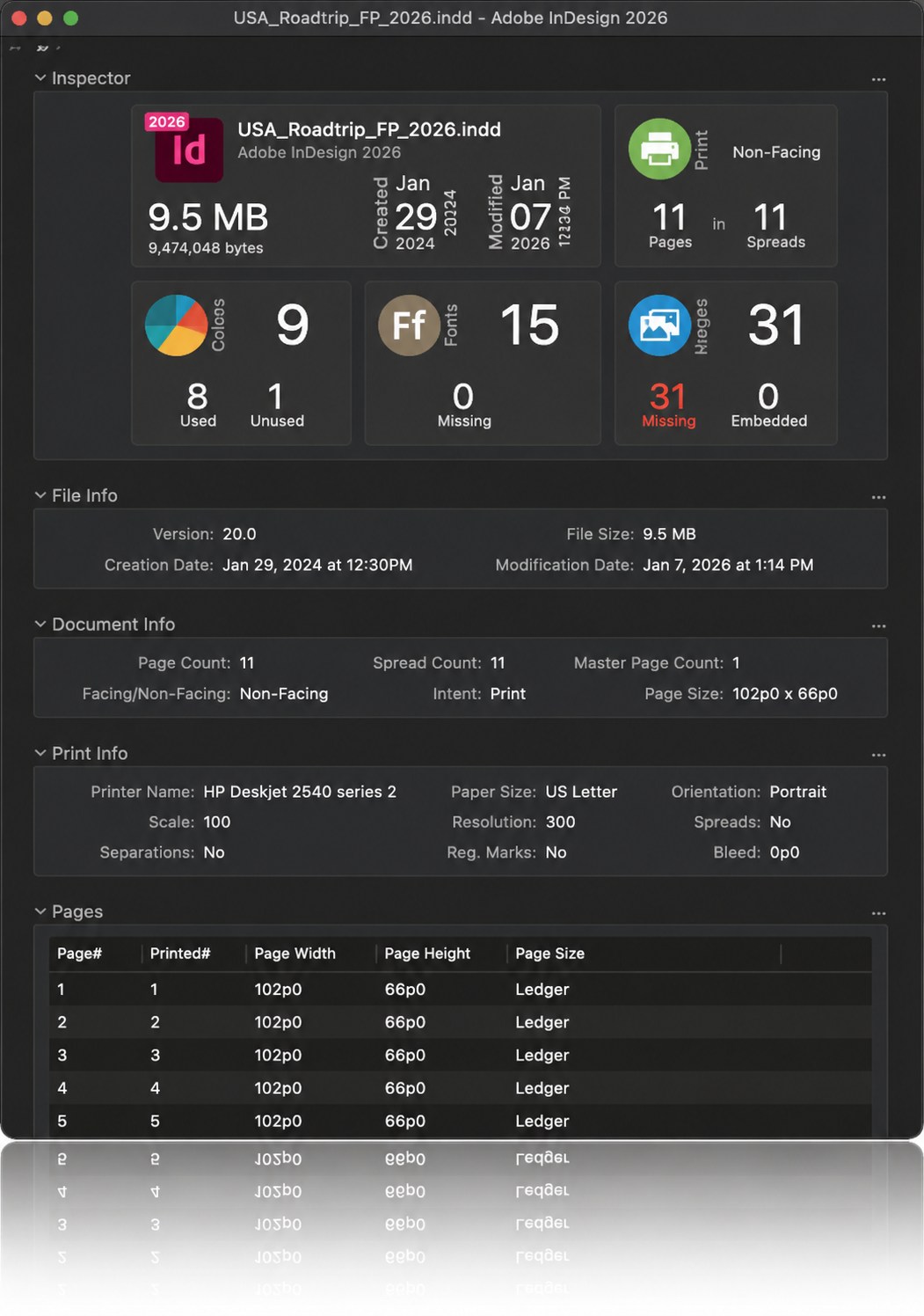 OmniMarkz Inspector panel for an Adobe InDesign 2026 document showing file size, creation and modification dates, page and spread counts, colors, fonts, missing images, file info, document info, print settings, page details, and a mirrored reflection beneath the interface.