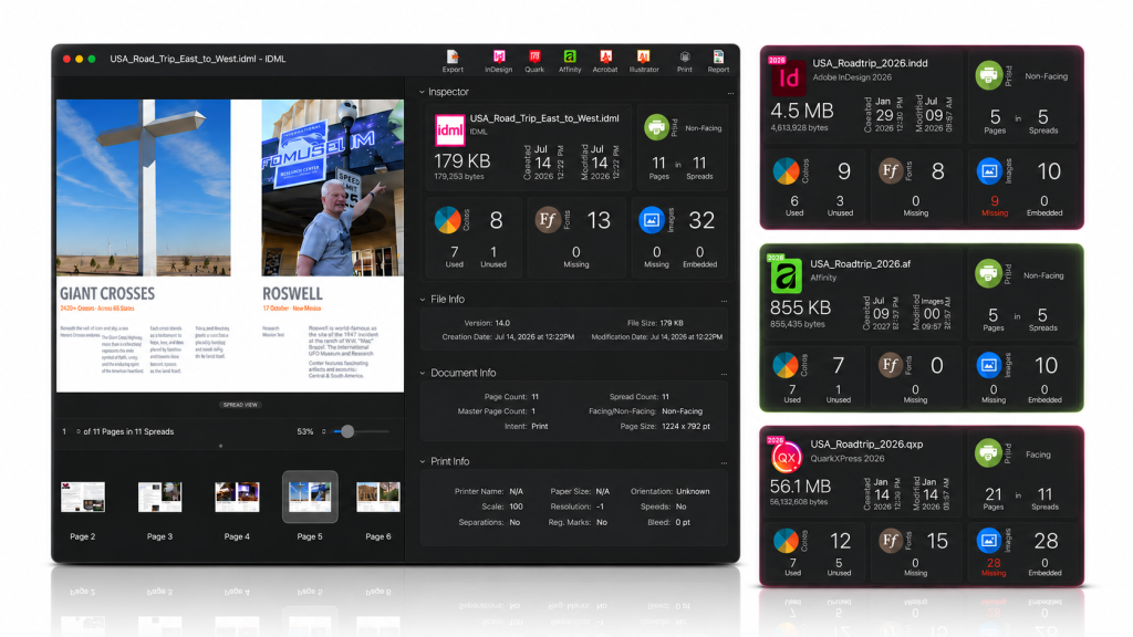 OmniMarkz composite graphic showing an IDML document preview with document details, page thumbnails, print settings, and export options, alongside comparison cards for InDesign, Affinity, and QuarkXPress files with file size, page count, colors, fonts, and image status.