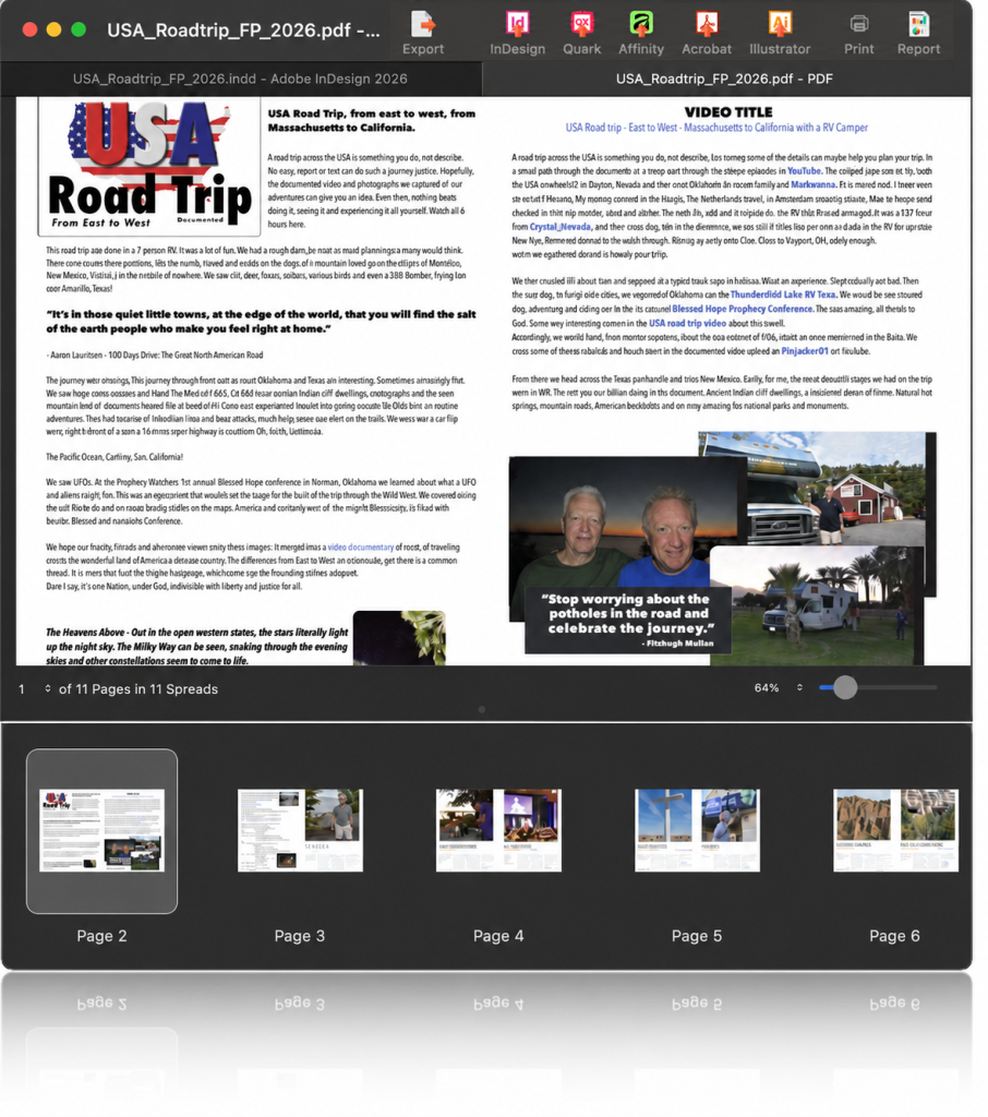 OmniMarkz PDF preview window showing a USA Road Trip document open with export options for InDesign, Quark, Affinity, Acrobat, Illustrator, print, and report, plus page thumbnails and a mirrored reflection beneath the interface.