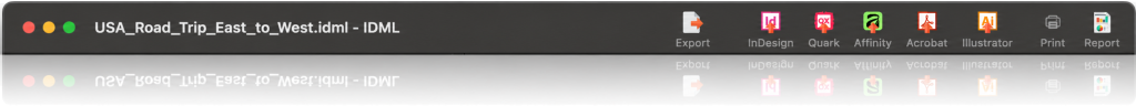 OmniMarkz toolbar showing an open IDML file with export options for InDesign, Quark, Affinity, Acrobat, Illustrator, print, and report.