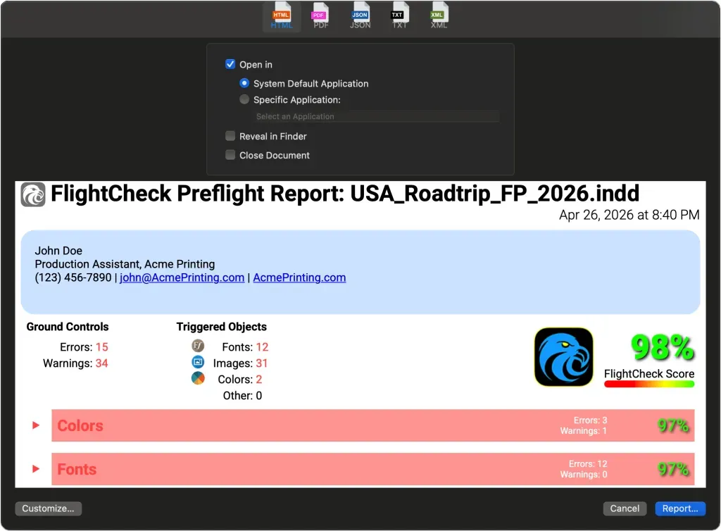 FlightCheck 2026 custom preflight report showing document details, fonts, images, colors, errors, warnings, and the FlightCheck Score in dark mode
