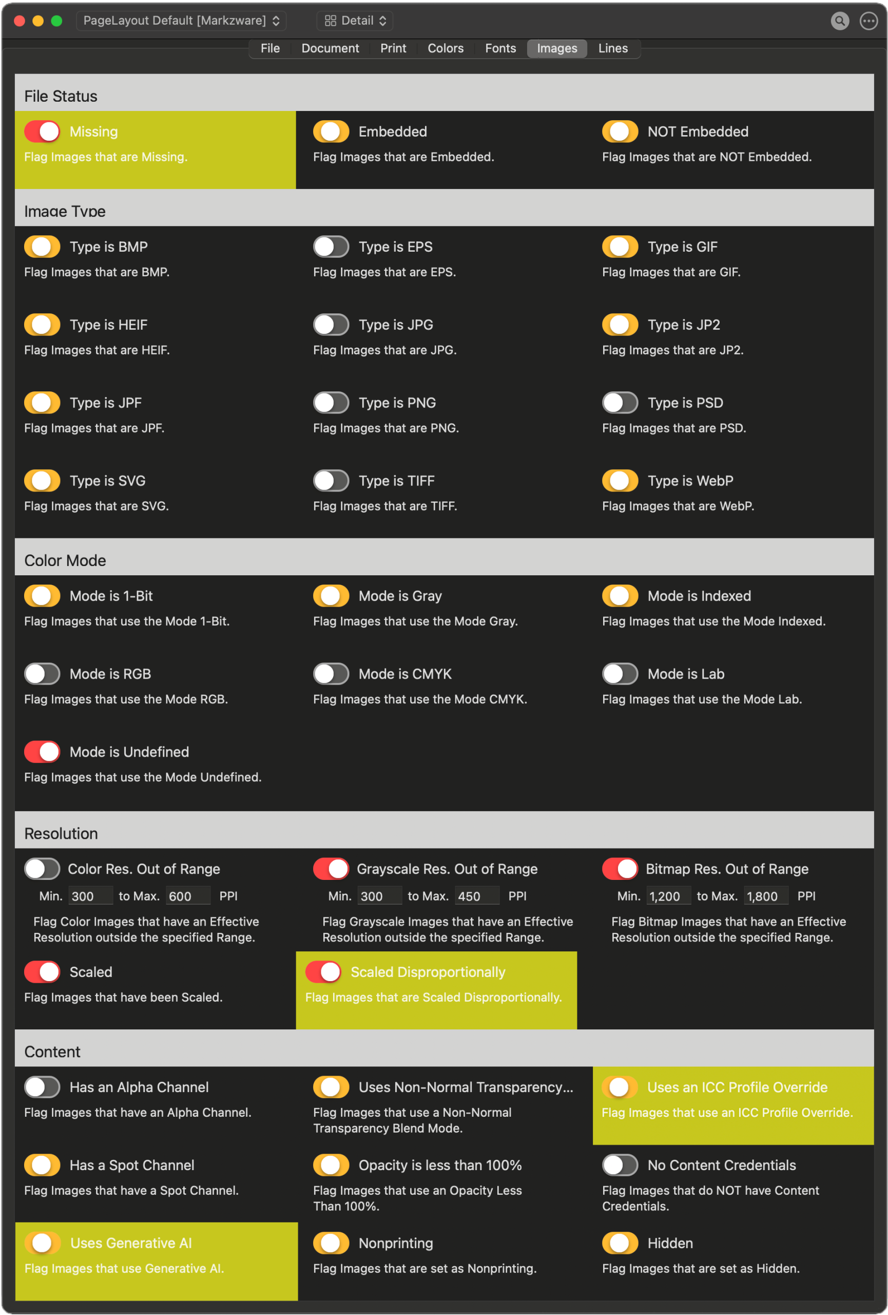 FlightCheck 2026 Ground Controls checking Pantone colors, Type 1 fonts, ICC profile overrides, and generative AI content in dark mode