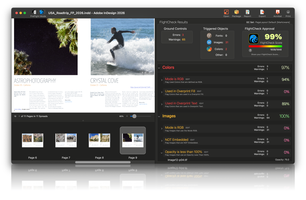 FlightCheck 2026 preview showing an InDesign document with preflight errors, warnings, image checks, and a 99% FlightCheck Score in dark mode.