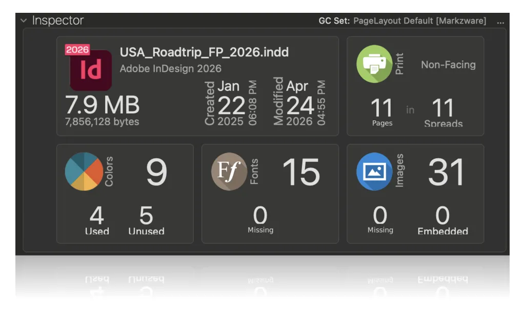 FlightCheck 2026 Inspector panel showing InDesign document details, page and spread counts, colors, fonts, and image inventory in dark mode.