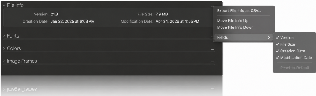 FlightCheck File Info panel showing version 21.3, file size, creation and modification dates, with the Fields menu open.