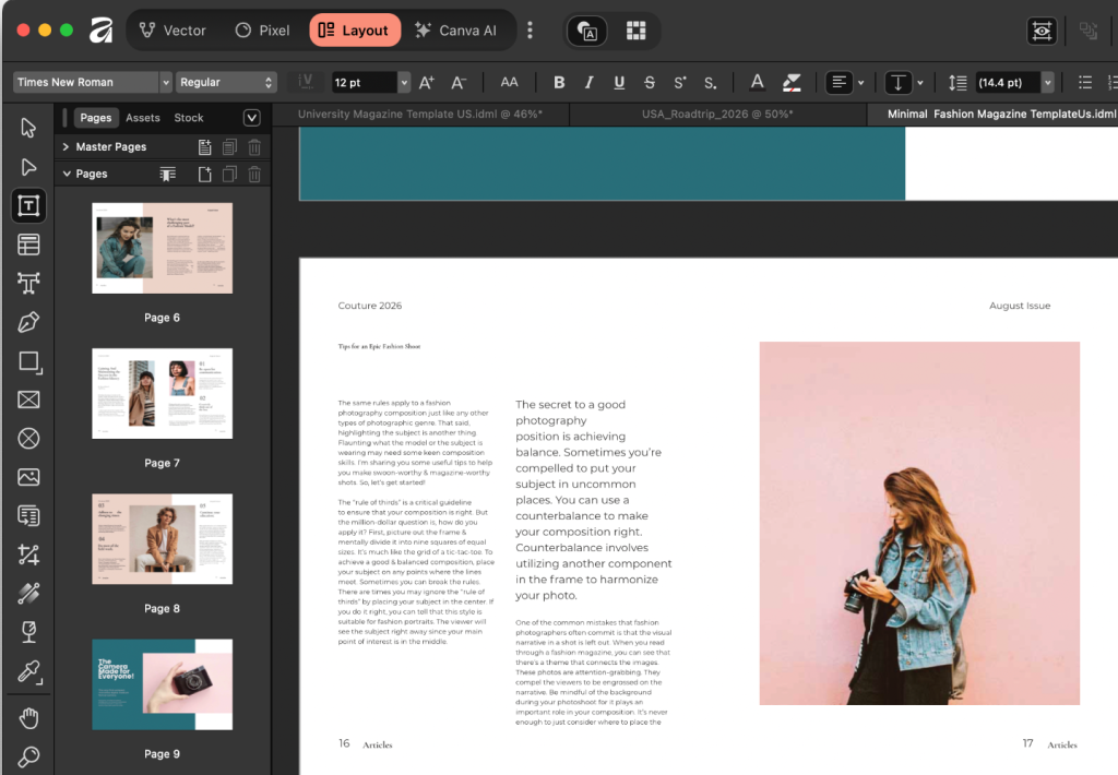 Conversion Microsoft Fichier IDML de l'éditeur ouvert dans Affinity Layout Studio avec vignettes de page et mise en page modifiable.