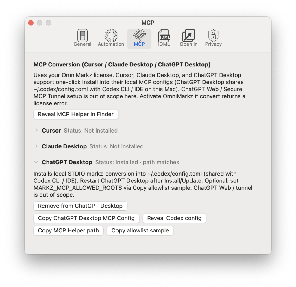 OmniMarkz MCP-Einstellungen mit Anzeige der Installations- und lokalen Konfigurationsoptionen von ChatGPT Desktop. OmniMarkz Die MCP-Einstellungen zeigen die Installation von ChatGPT Desktop an und bieten Optionen zum Kopieren der MCP-Konfiguration, zum Anzeigen der Codex-Konfiguration und zum Verwalten des lokalen Zugriffs.