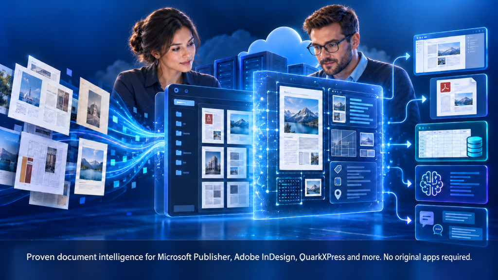 Two professionals use Markzware document intelligence to inspect, convert and prepare publishing files for cloud and AI workflows