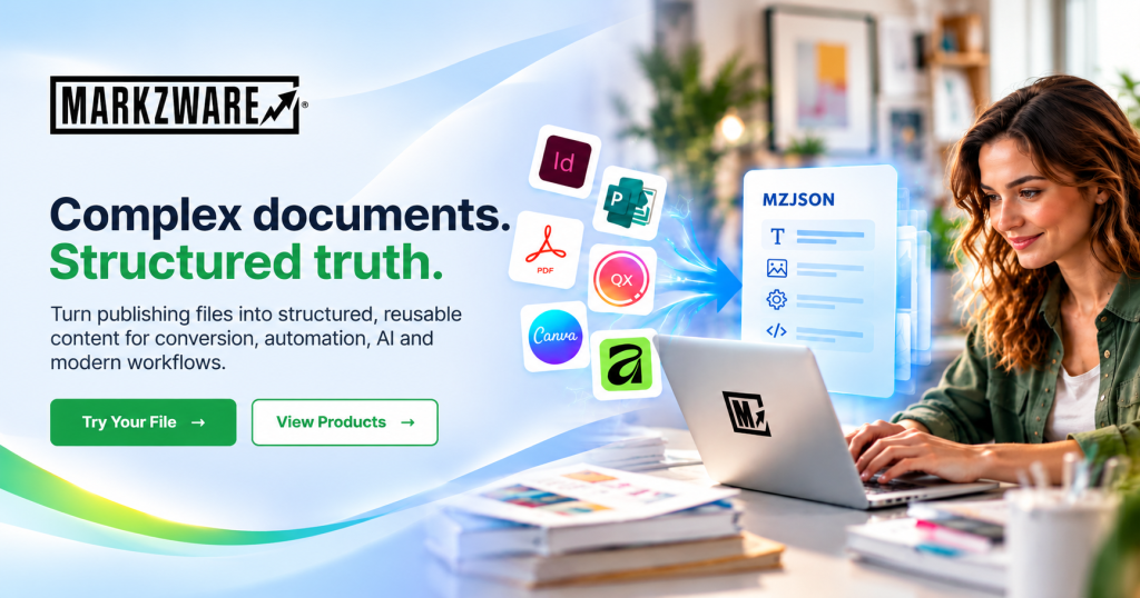 Markzware Social-Media-Grafik auf der Homepage, die die Umwandlung von Veröffentlichungsdateisymbolen in strukturierte Dateien zeigt. MZJSON Inhalte neben einem Designer, der an einem Laptop arbeitet.